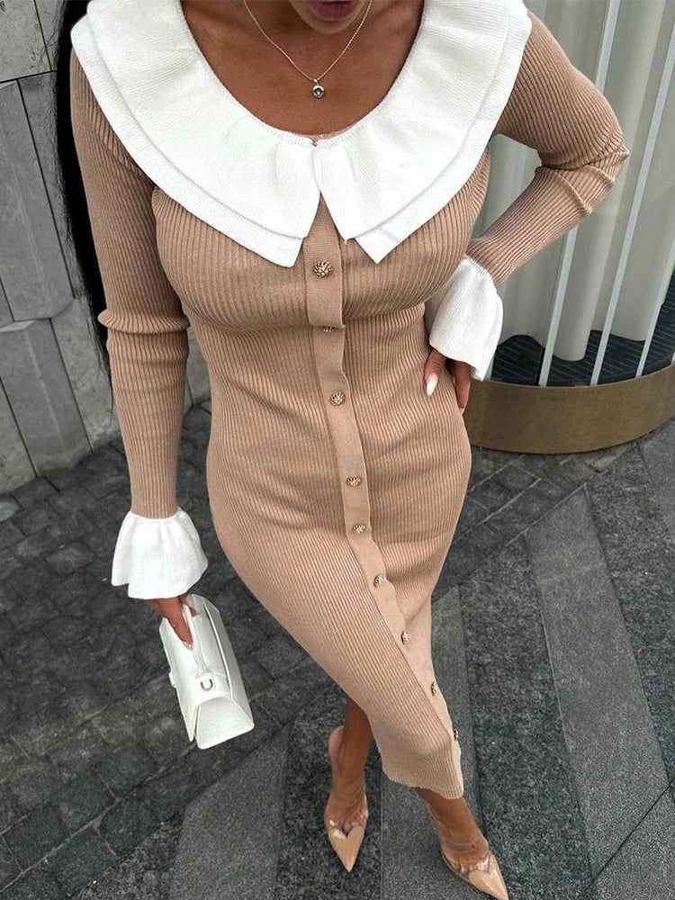 Knit Dresses - Ribbed Buttoned Knit Dress with Contrast Collar