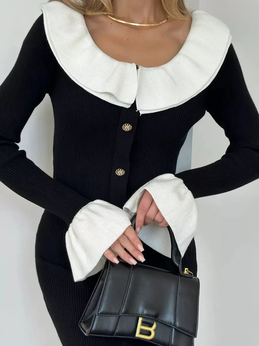 Knit Dresses - Ribbed Buttoned Knit Dress with Contrast Collar