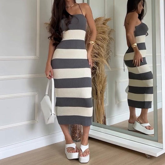 Knit Dresses - Knit Stripe Backless Summer Dress for Casual Elegance