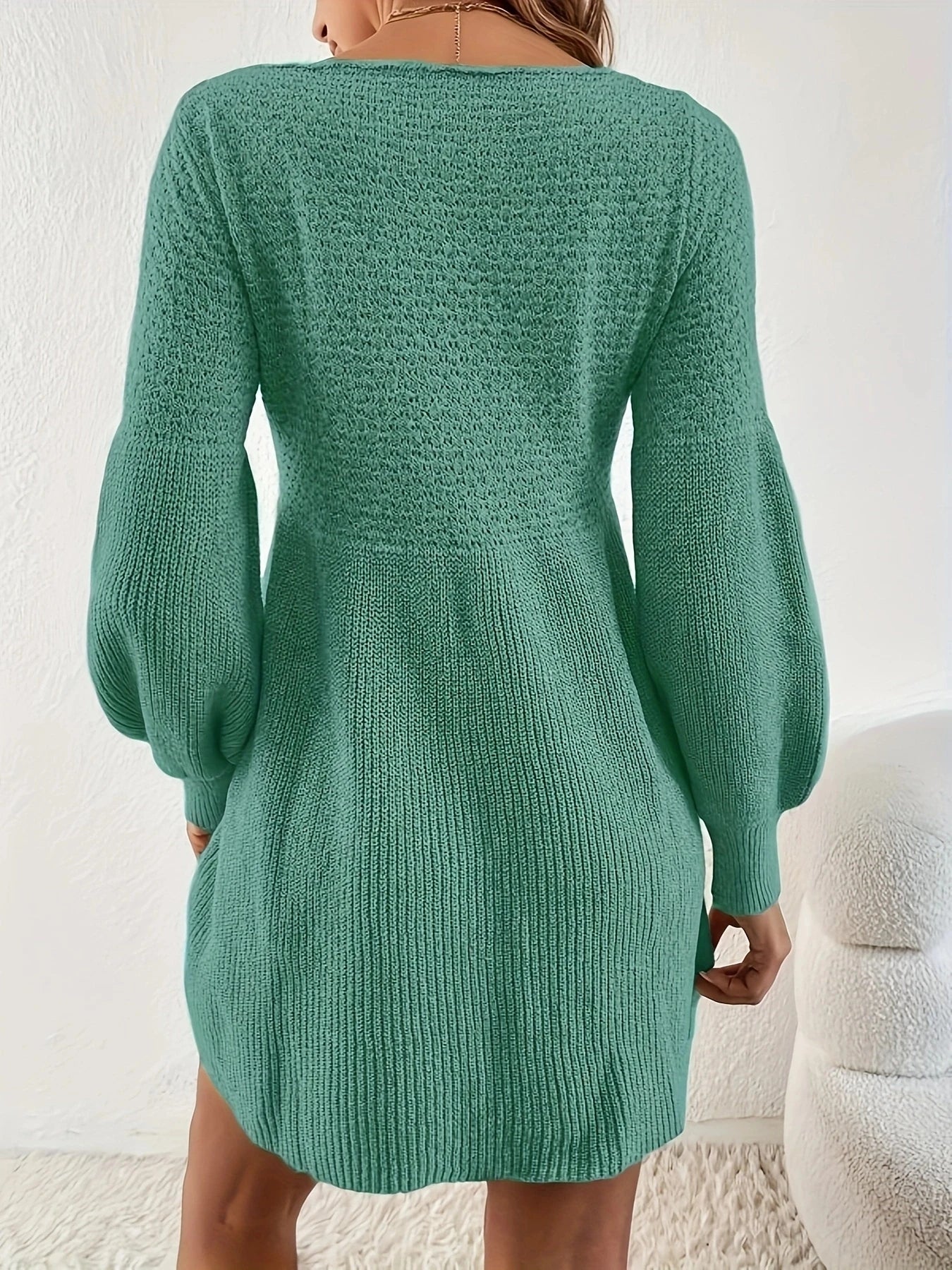 Knit Dresses- Textured Green Knit Dress with Bishop Sleeve