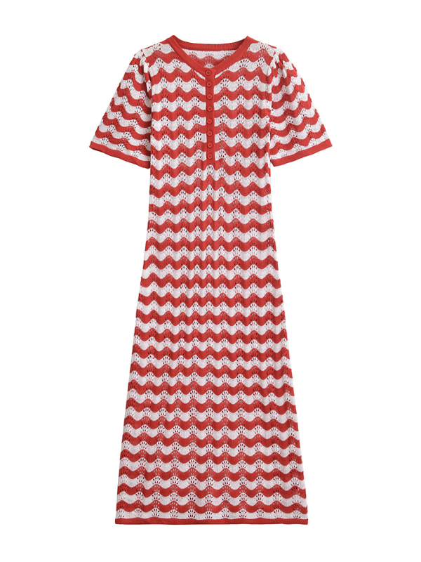 Knit Dresses- Zigzag Crochet Midi Dress- Red- Pekosa Women Fashion