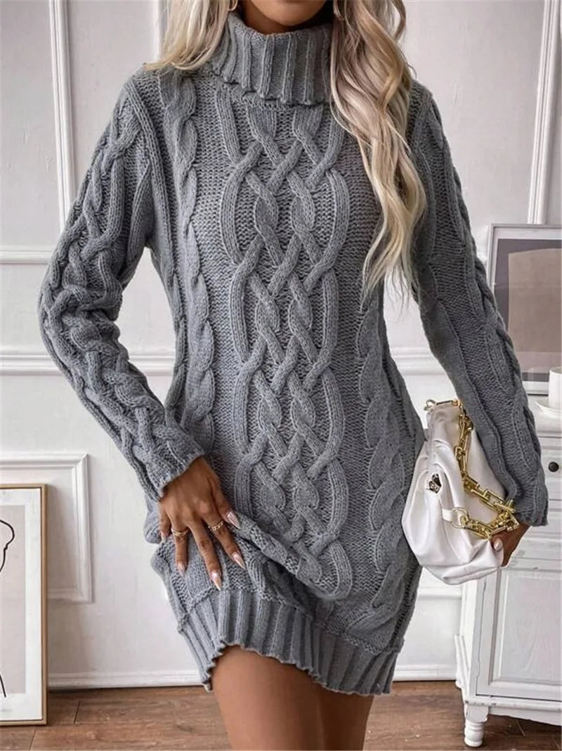 Knit Mini Dresses- Cable Knit Turtleneck Mini Dress