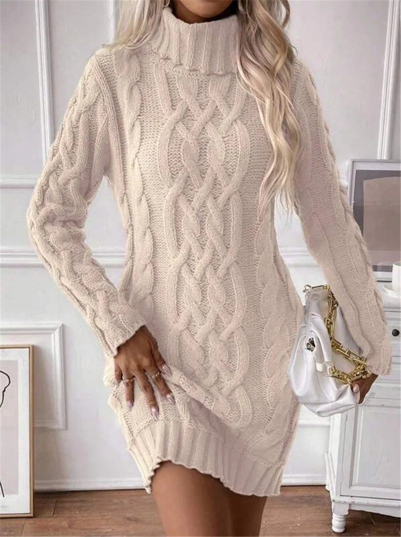 Knit Mini Dresses- Cable Knit Turtleneck Mini Dress