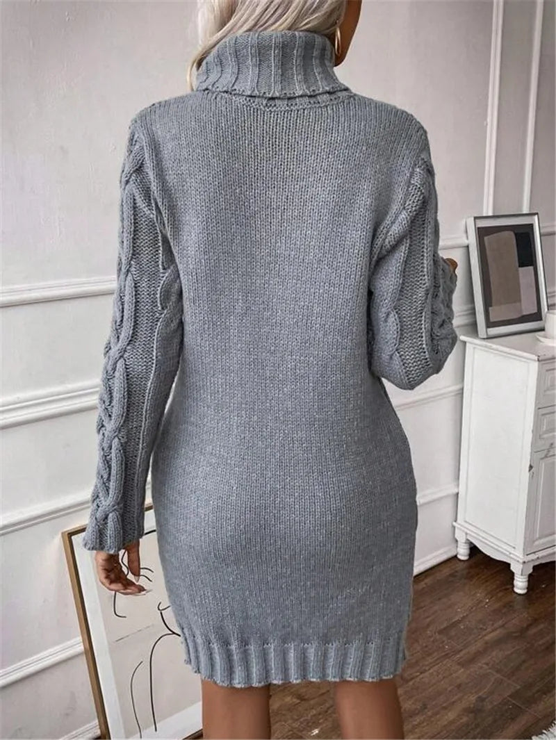 Knit Mini Dresses- Cable Knit Turtleneck Mini Dress