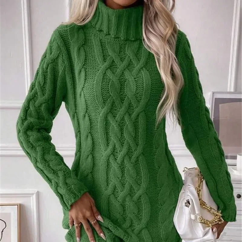 Knit Mini Dresses- Cable Knit Turtleneck Mini Dress