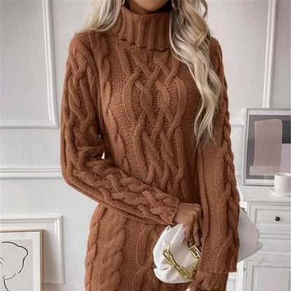 Knit Mini Dresses- Cable Knit Turtleneck Mini Dress