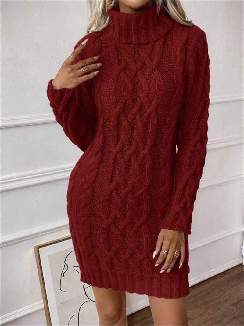 Knit Mini Dresses- Cable Knit Turtleneck Mini Dress