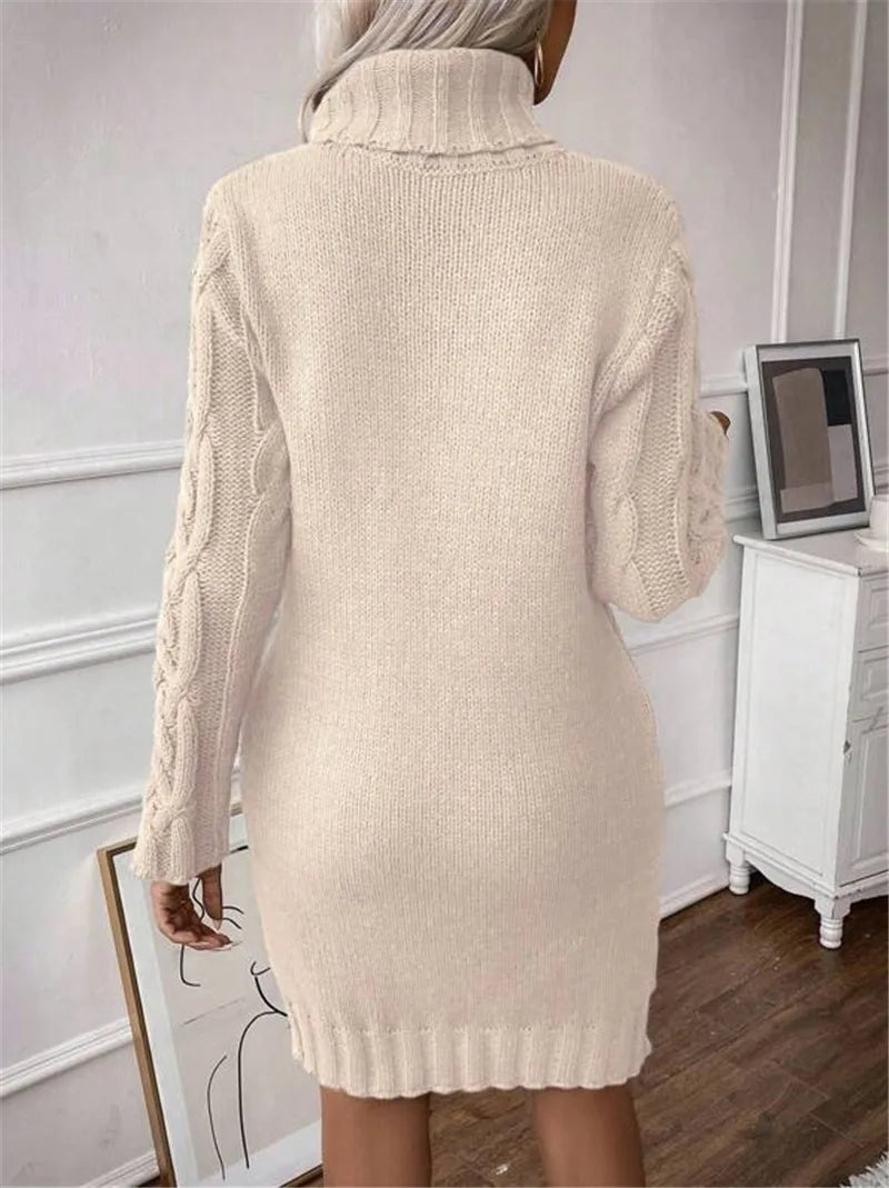 Knit Mini Dresses- Cable Knit Turtleneck Mini Dress