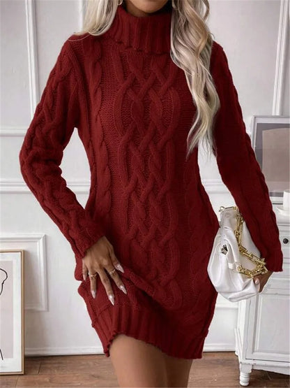 Knit Mini Dresses- Cable Knit Turtleneck Mini Dress