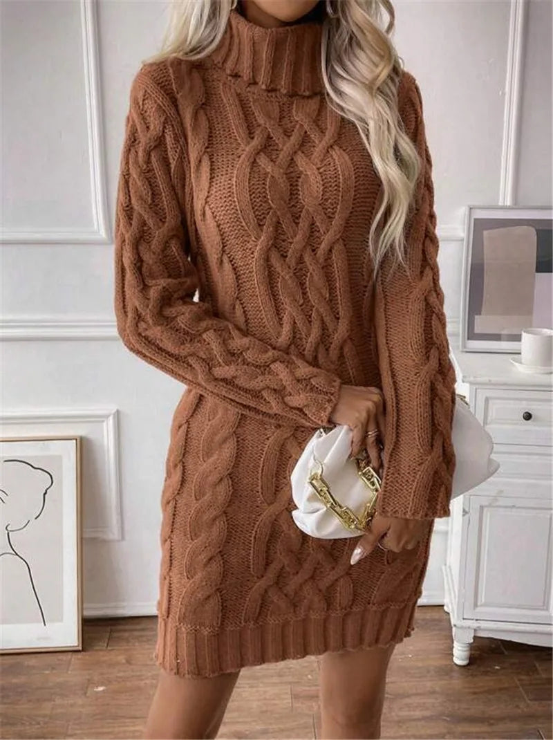 Knit Mini Dresses- Cable Knit Turtleneck Mini Dress