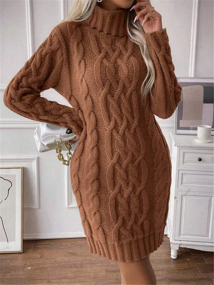 Knit Mini Dresses- Cable Knit Turtleneck Mini Dress