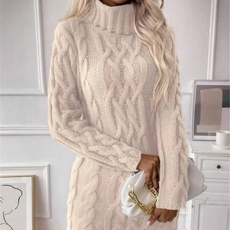 Knit Mini Dresses- Cable Knit Turtleneck Mini Dress