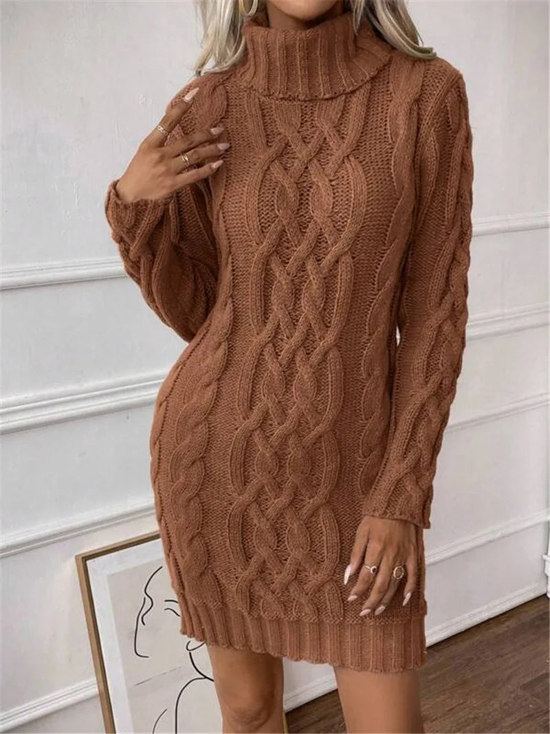 Knit Mini Dresses- Cable Knit Turtleneck Mini Dress