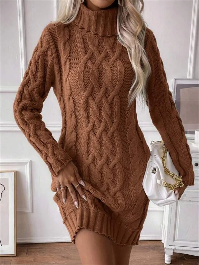 Knit Mini Dresses- Cable Knit Turtleneck Mini Dress