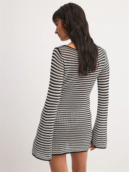 Knit Mini Dresses - Casual Striped Knit Cocktail Mini Dress - Party Perfect 🎉👗