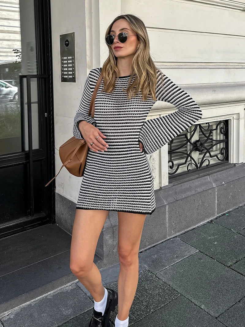 Knit Mini Dresses - Casual Striped Knit Cocktail Mini Dress - Party Perfect 🎉👗