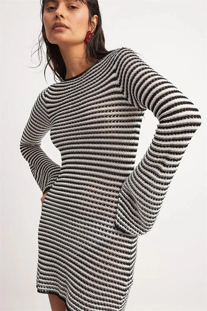 Knit Mini Dresses - Casual Striped Knit Cocktail Mini Dress - Party Perfect 🎉👗