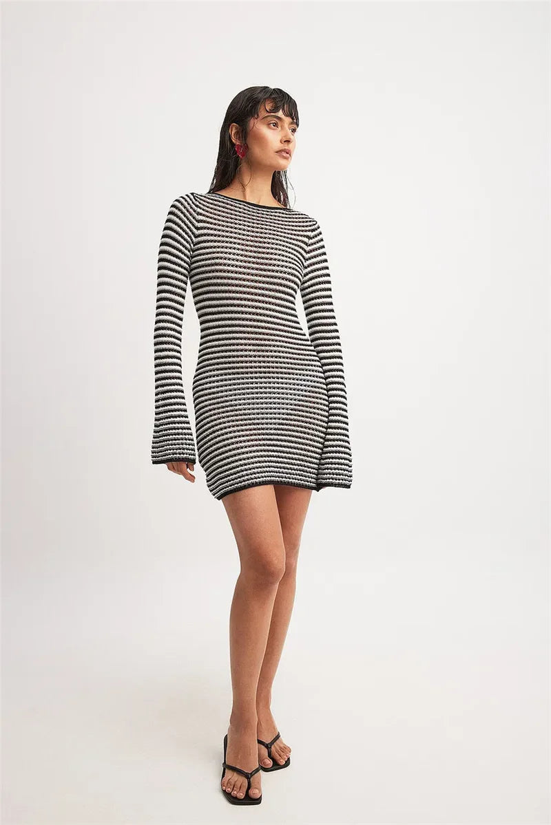 Knit Mini Dresses - Casual Striped Knit Cocktail Mini Dress - Party Perfect 🎉👗