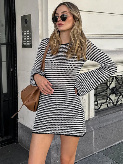 Knit Mini Dresses - Casual Striped Knit Cocktail Mini Dress - Party Perfect 🎉👗