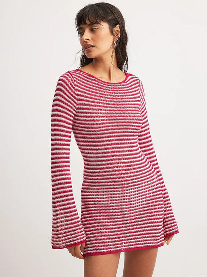 Knit Mini Dresses - Casual Striped Knit Cocktail Mini Dress - Party Perfect 🎉👗