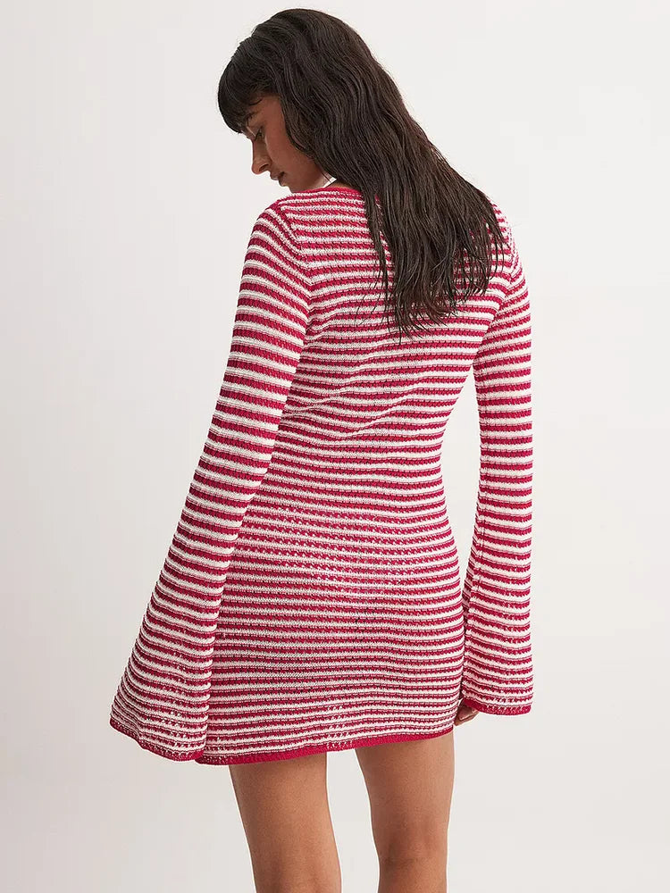 Knit Mini Dresses - Casual Striped Knit Cocktail Mini Dress - Party Perfect 🎉👗