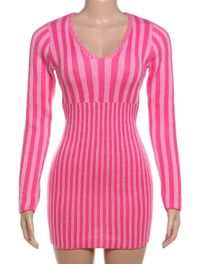 Knit Mini Dresses - Cut-out Back Pink Striped Knit Mini Dress