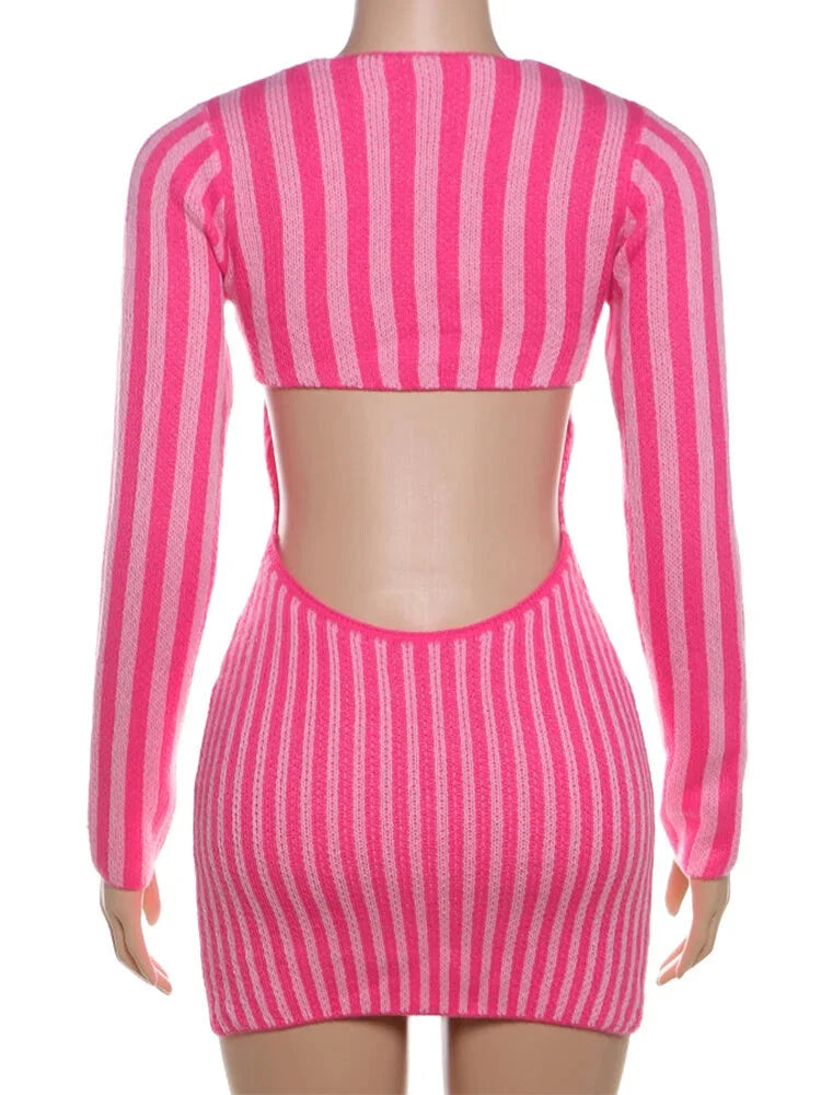 Knit Mini Dresses - Cut-out Back Pink Striped Knit Mini Dress