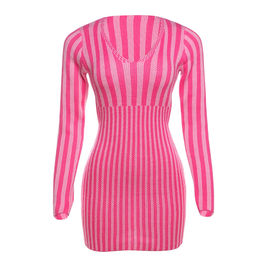 Knit Mini Dresses - Cut-out Back Pink Striped Knit Mini Dress