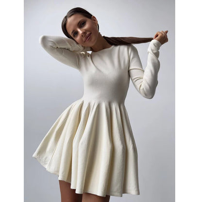 Knit Mini Dresses- Long Sleeve Flared Skirts Knit Mini Dress