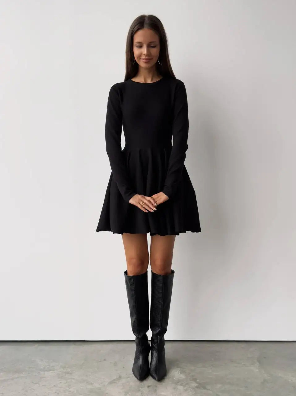 Knit Mini Dresses- Long Sleeve Flared Skirts Knit Mini Dress