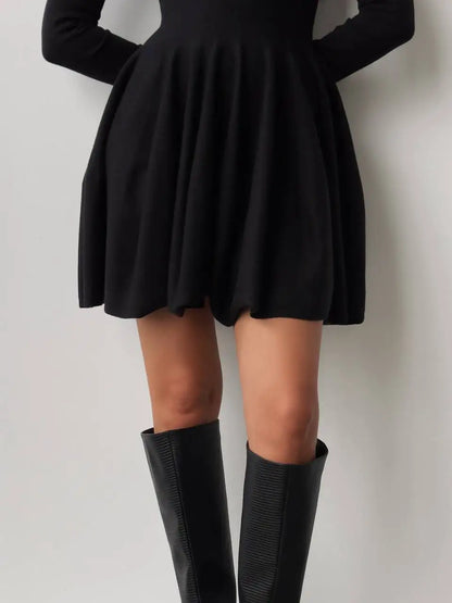 Knit Mini Dresses- Long Sleeve Flared Skirts Knit Mini Dress