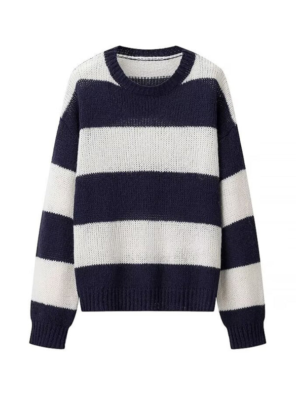 Knit Sweaters - Navy & White Stripe Knit Sweater Color Block Jumper