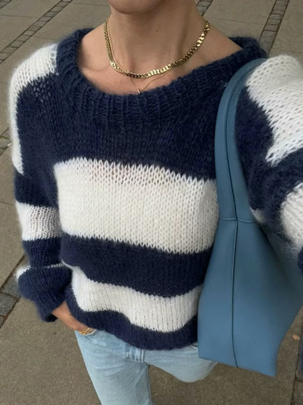 Knit Sweaters - Navy & White Stripe Knit Sweater Color Block Jumper