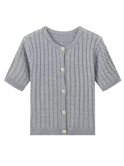 Knit Tops - Button-Up Knit Sweater Cable Knit Short-Sleeve Cardigan Top