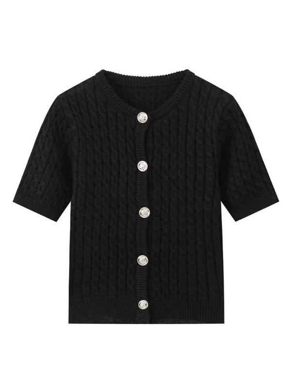 Knit Tops - Button-Up Knit Sweater Cable Knit Short-Sleeve Cardigan Top