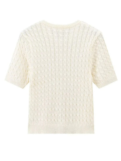 Knit Tops - Button-Up Knit Sweater Cable Knit Short-Sleeve Cardigan Top