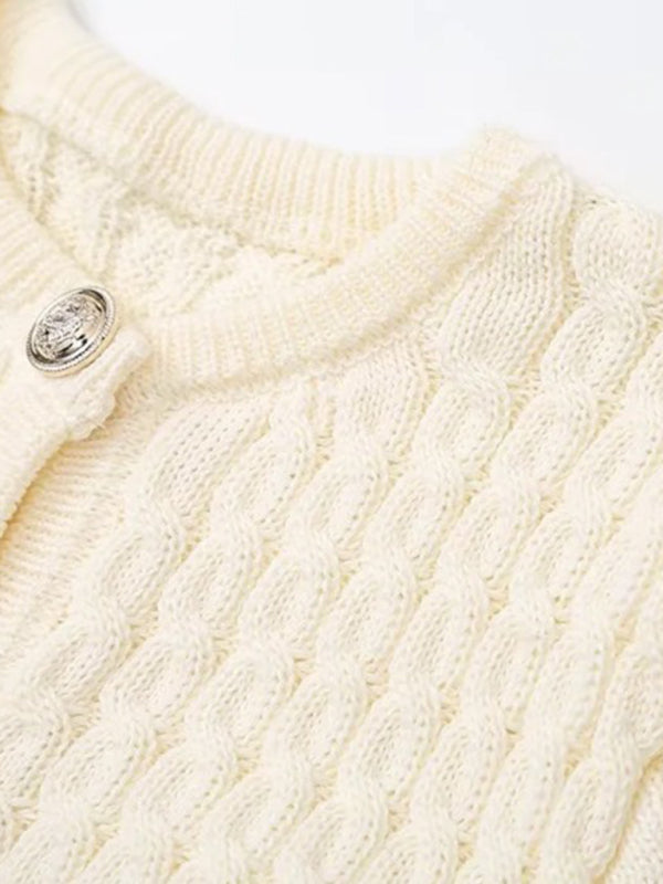 Knit Tops - Button-Up Knit Sweater Cable Knit Short-Sleeve Cardigan Top