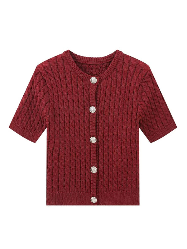 Knit Tops - Button-Up Knit Sweater Cable Knit Short-Sleeve Cardigan Top