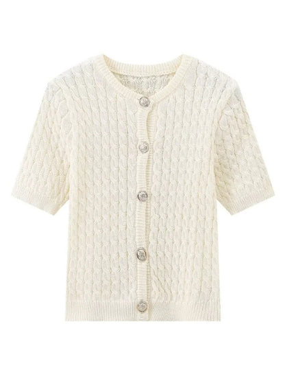 Knit Tops - Button-Up Knit Sweater Cable Knit Short-Sleeve Cardigan Top