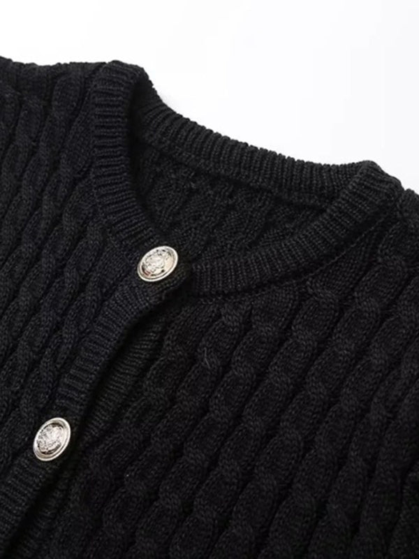 Knit Tops - Button-Up Knit Sweater Cable Knit Short-Sleeve Cardigan Top