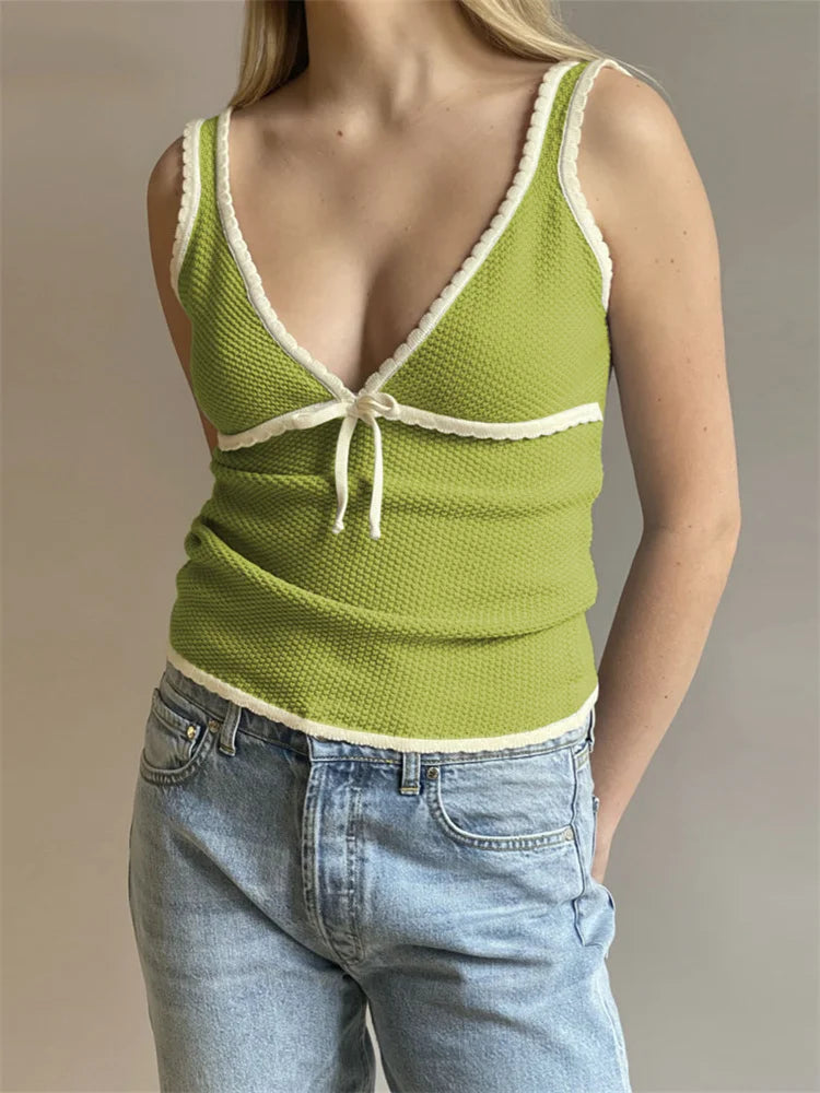 Knit Tops - Dual-Tone Knitwear Sleeveless Tie Knit Top