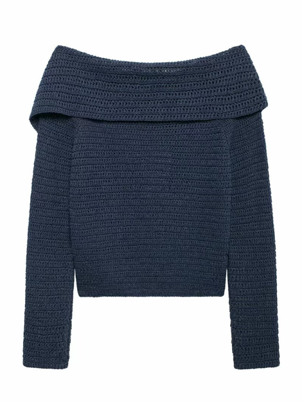 Knit Tops - Fall Shoulder-Baring Top Navy Cropped Knitwear