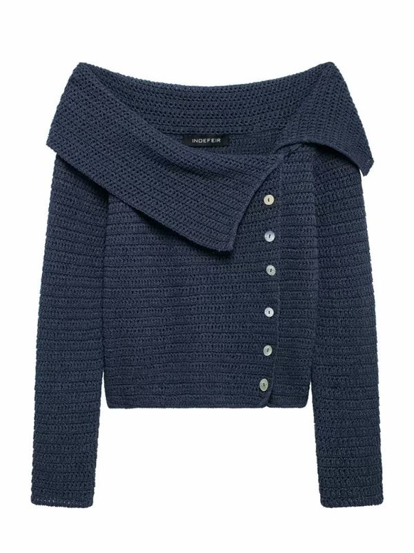 Knit Tops - Fall Shoulder-Baring Top Navy Cropped Knitwear