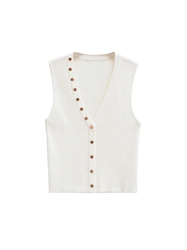 Knit Tops - Gold Button Top Sleeveless Knitwear Business Casual Top