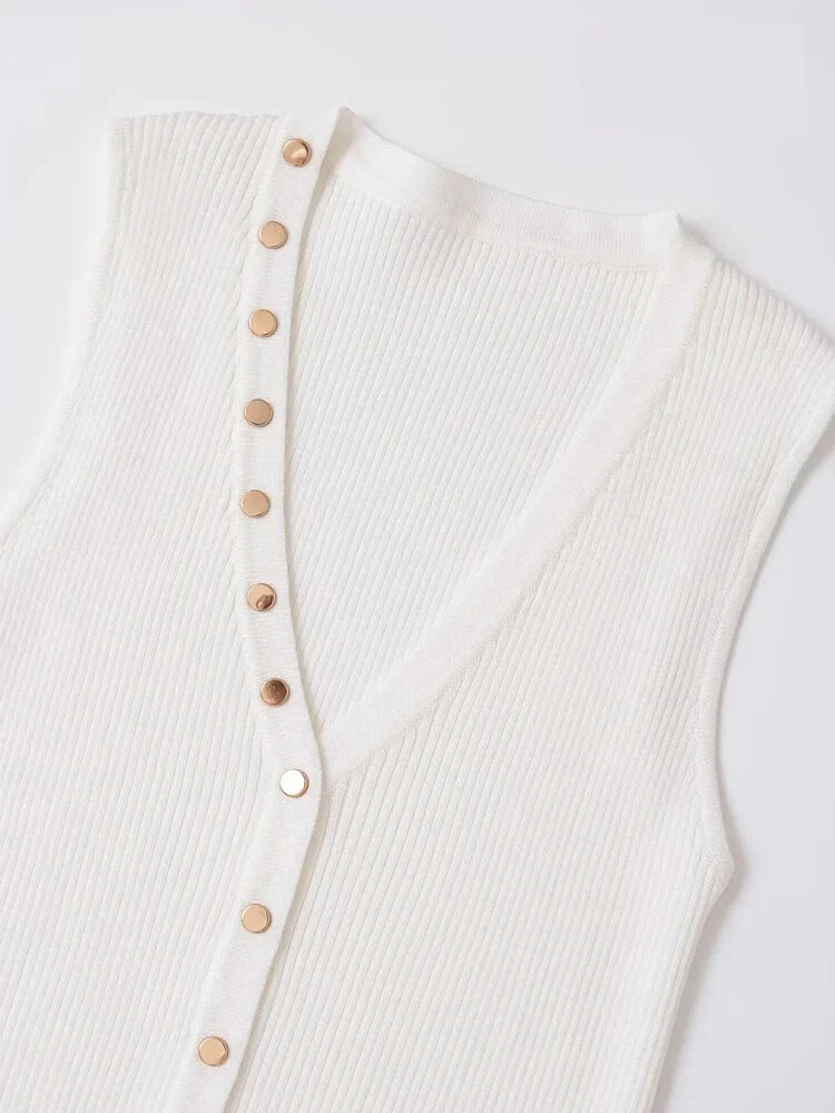 Knit Tops - Gold Button Top Sleeveless Knitwear Business Casual Top