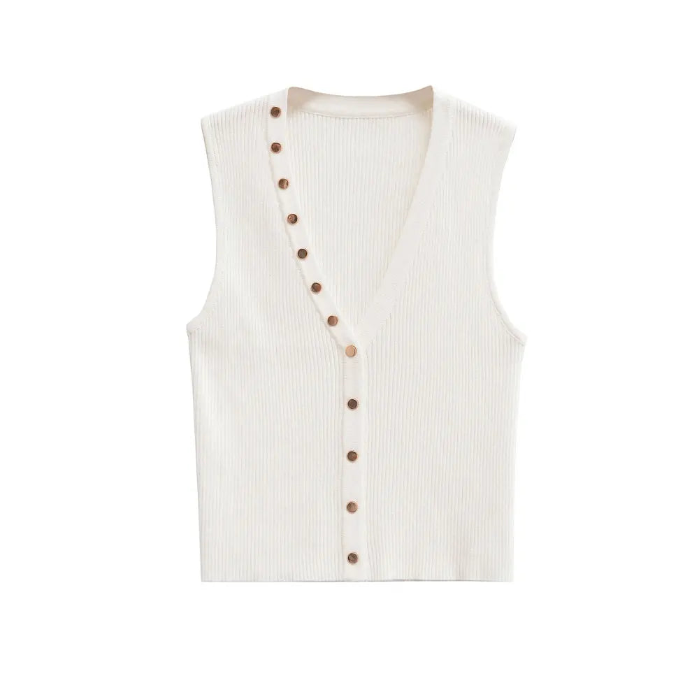 Knit Tops - Gold Button Top Sleeveless Knitwear Business Casual Top