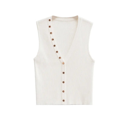 Knit Tops - Gold Button Top Sleeveless Knitwear Business Casual Top