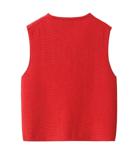 Knit Tops- Red Sleeveless Knit Tie-Up Vest Perfect for Women- - Chuzko Women Clothing