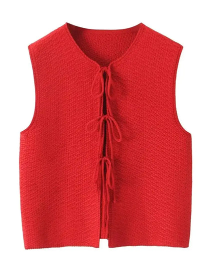 Knit Tops- Red Sleeveless Knit Tie-Up Vest Perfect for Women- Red- Chuzko Women Clothing