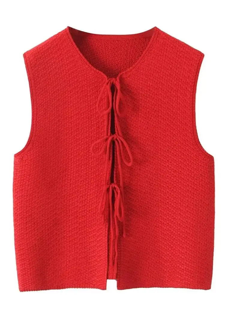 Knit Tops- Red Sleeveless Knit Tie-Up Vest Perfect for Women- - Chuzko Women Clothing